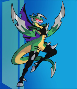 1_eye armor black_border black_legs blade blade_arm blue_tongue border cybernetics eyelashes female glowing glowing_eyes green_body hooves machine on_one_leg pauldron purple_wings sharp_teeth shoulder_pads solo spikes standing tail tail_blade teeth tongue weapon_arm weapon_tail wings yellow_underbelly alorix godzilla_(series) toho gigan alien cyborg humanoid kaiju monster 2025 hi_res shaded trans_(lore) trans_woman_(lore)