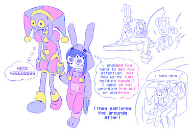 alternate_costume anthro black_eyebrows black_hair blush blush_stickers bodily_fluids clenched_teeth clothing clothing_swap costume duo ears_down eyebrows eyelashes female fool's_hat for_a_head fur gloves gun hair hand_holding handgun handwear hat headgear headwear jester jester_outfit long_ears male overalls pistol pivoted_ears purple_body purple_ears purple_fur ranged_weapon short_hair simple_background tears teeth text weapon white_background white_body white_skin wide_eyed yellow_clothing yellow_gloves yellow_handwear yellow_sclera chergeegee glitch_productions the_amazing_digital_circus caine_(tadc) jax_(tadc) pomni_(tadc) humanoid lagomorph leporid mammal object_head rabbit english_text hi_res