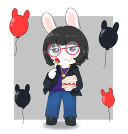 anthro balloon bangs birthday birthday_cake black_clothing black_footwear black_hair black_jacket black_shoes black_topwear blue_bottomwear blue_clothing blue_pants blush bottomwear brown_eyes cake cake_slice clothed clothed_anthro clothing dessert eyelashes eyewear female female_anthro food food_on_face footwear fruit fully_clothed fully_clothed_anthro glasses hair holding_fork holding_plate inflatable jacket lidded_eyes light long_ears medium_hair noseless open_clothing open_jacket open_topwear pants plant pockets purple_clothing purple_shirt purple_topwear red_eyewear red_glasses round_glasses shirt simple_background smile smiling_at_viewer solo standing strawberry tan_inner_ear topwear peypey_mei1925 raving_rabbids rayman_(series) ubisoft fan_character rabbid_ruby_telles lagomorph mammal rabbid 2024 colored digital_drawing_(artwork) digital_media_(artwork) english_description lighting shaded