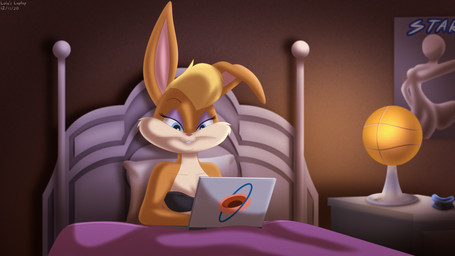 anthro basketball bed bedroom bra buckteeth clothing computer electronics female furniture half-closed_eyes lamp laptop narrowed_eyes poster sitting solo teeth underwear funktilda looney_tunes warner_brothers lola_bunny lagomorph leporid mammal rabbit 16:9 hi_res widescreen