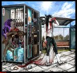 anthro barefoot bench black_hair blood blood_in_mouth blood_on_face blood_on_hand blood_on_mouth blood_splatter blood_stain blue_eyes bodily_fluids bottle brown_body brown_fur bus_stop canid canine cigarette cloud container covered_in_blood death detailed detailed_background digital_media_(artwork) digital_painting_(artwork) drinking drinking_blood duo feet floor fox fur gore grimdark hair inner_ear_fluff jeffusherb light machine male mammal monotone_body monotone_hair monotone_tail open_mouth pipe pixel_(artwork) scientific_instrument sky skyscape summer sun sunlight tail thermometer tile tile_floor trash tube tuft vending_machine water water_bottle weather_instrument white_body white_fur wire yellow_eyes