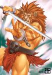 abs absurd_res action_pose angry anthro belt biceps big_muscles biped bomb_(artist) bottomwear brown_nose bulge clothed clothing cuff_(restraint) digital_media_(artwork) fangs felid front_view hair hi_res leo_(red_earth) lion loincloth long_hair male mammal mane melee_weapon muscular muscular_anthro muscular_male orange_body orange_hair orange_skin pantherine pecs pose red_earth restraints shackles simple_background solo standing sword teeth weapon