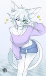 anthro blue_bottomwear blue_clothing blue_shorts bottomwear breasts cleavage clothed clothing eyebrows fur hair looking_at_viewer navel one_eye_closed purple_clothing purple_topwear shorts tail topwear white_body white_breasts white_ears white_fingers white_fur white_hair white_hands white_legs white_tail wink skyversa felid feline mammal absurd_res hi_res