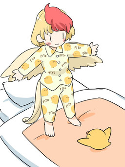 :> ambiguous_feral ambiguous_gender barefoot blonde_hair blush clothed clothed_female clothed_humanoid clothing duo feathered_wings feathers feet female female_humanoid feral hair multicolored_hair pajamas pillow red_hair smile spread_arms spread_wings standing two_tone_hair wings young young_ambiguous young_feral itatatata6 touhou kutaka_niwatari animal_humanoid avian avian_humanoid bird bird_humanoid chicken chicken_humanoid galliform galliform_humanoid humanoid phasianid winged_humanoid 2019 3:4