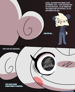 anthro black_body blush bodily_fluids creepy creepy_smile dialogue duo insane insane_eyes male reflection_in_eyes sad smile tears text upset token_taker nintendo pokemon cham_(token_taker) generation_3_pokemon generation_6_pokemon meditite pancham pokemon_(species) comic digital_media_(artwork) hi_res