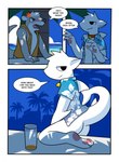 anthro beverage butt clothed clothing cocoshark_(hacony) collar comic duo english_text fish fur furred_fish furred_marine furred_shark hacony hi_res latex living_latex male mammal marine mustelid otter shark shirt text topwear whisker_spots white_body white_fur