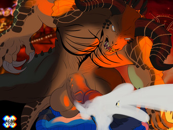 anthro balls black_body black_fur bodily_fluids bottomwear claws clothing cum cum_in_mouth cum_inside cum_on_face cumshot duo ejaculation erection fur genital_fluids genitals horn looking_at_another looking_down looking_forward lying lying_on_ground male male/male muscular muscular_anthro muscular_male on_back on_ground open_mouth pants penis tail teeth teeth_showing j450n2080 fallout microsoft max_damage_(furry) deathclaw scalie 4:3 hi_res