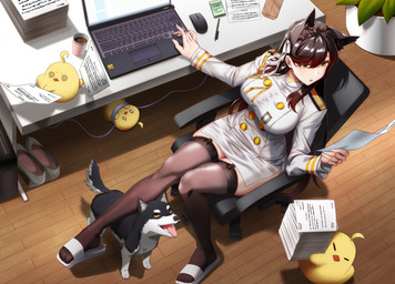 big_breasts black_hair breasts brown_eyes chair clothing computer computer_mouse electronics eyebrows eyelashes feet female feral furniture garter_straps hair inner_ear_fluff laptop legwear long_hair office_chair paper sitting solo stockings tuft kagiyama_(clave) azur_lane atago_(azur_lane) manjuu_(azur_lane) animal_humanoid avian bird canid canid_humanoid canine canine_humanoid canis chicken dog_humanoid domestic_dog galliform humanoid mammal mammal_humanoid phasianid 2026