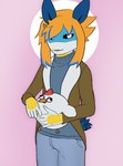 ambiguous_gender anthro black_sclera blue_highlights bottomwear clothing denim denim_bottomwear denim_clothing hair highlights_(coloring) holding_object holding_plushie jacket jeans orange_hair pants plushie simple_background solo sweater topwear turtleneck white_eyes volpek6 aquatic_gastropod avian bird chicken galliform gallus_(genus) gastropod jorunna_parva marine mollusk nudibranch phasianid sea_slug slug absurd_res hi_res