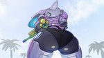 bikini breasts butt butt_focus clothing day female glistening glistening_butt machine metallic_body nipple_outline not_furry outside palm_tree pink_body plant solo swimwear toy toy_gun tree two-piece_swimsuit water water_gun borisalien blizzard_entertainment overwatch meka_(overwatch) robot 2023 hi_res