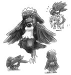 anthro beak black_beak black_body black_eyes black_feathers black_hair bodily_fluids duo feathered_wings feathers feet female feral hair maid_apron maid_headdress multiple_angles simple_background solo sweat sweatdrop talons toes white_background wings unknown_artist futaba_channel nijiura_maids karasu_no_gyouzui-san suterarenai-san avian bird corvid corvus_(genus) crow human mammal oscine passerine monochrome