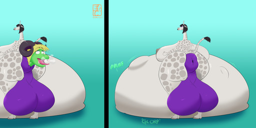 abdominal_bulge after_vore anal anal_vore anthro anus balls base_one_layout basic_sequence big_balls big_breasts big_butt big_nipples biped blorp bodily_noises breast_growth breasts breath burping butt cloud_emanata death different_sound_effects digestion digestion_noises duo emanata fatal_vore female genitals glorp growth gynomorph huge_balls huge_breasts huge_butt huge_nipples hyper hyper_balls hyper_breasts hyper_butt hyper_genitalia intersex intersex/female linear_sequence muffled nipples one_row_layout onomatopoeia puffy_anus resting_on_belly rumbling_stomach size_difference sound_effects tail text three_frame_image three_frame_sequence vore vowelless vowelless_vocalization weight_gain celexxis_(artist) mythology maxxi_macqueen dragon giraffe giraffid mammal mythological_creature mythological_scalie scalie absurd_res english_text hi_res sequence