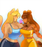 anthro bodily_fluids breasts cleavage clothed clothing dessert duo female female/female food ice_cream sweat luvon canid canine canis domestic_cat domestic_dog felid feline felis mammal hi_res