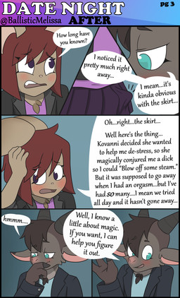 anthro blush bottomwear clothing dialogue duo erection erection_under_skirt female horn intersex intersex/male male skirt text ballisticmelissa gael_(ballisticmelissa) lilla_(ballisticmelissa) bat bovid caprine goat mammal absurd_res comic english_text hi_res