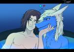 anthro black_bars blonde_hair blue_body blue_eyes blue_fur duo fur hair heart_symbol hot_tub male outside partially_submerged smile smirk water darkghost julian_(fluffserg) human mammal sergal digital_media_(artwork) hi_res letterbox