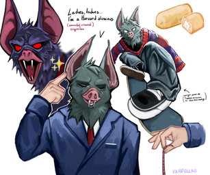 5_fingers big_ears bragging business_suit clothing criminal dialogue eyes_closed fangs fingers food for_a_head fur grey_body grey_fur humanoid_hands male necktie open_mouth rat_tail red_eyes red_necktie simple_background skateboard solo suit tail teeth text vehicle white_background white_eyes fanfullao dispatch twinkie sonar_(dispatch) animal_head animal_humanoid bat bat_humanoid humanoid mammal mammal_humanoid monster 2025 artist_name colored english_text hi_res multiple_scenes