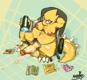 ahegao anthro areola armpit_hair balls belly big_balls big_penis bodily_fluids body_hair breasts chair chest_hair clothing coat compact_disc cum cum_in_sex_toy cum_on_ground food furniture genital_fluids genitals gynomorph holding_object holding_penetrable_sex_toy holding_sex_toy intersex lab_coat looking_pleasured magazine musk nipples non-mammal_balls non-mammal_nipples noodles office_chair overweight overweight_gynomorph overweight_intersex penetrable_sex_toy penis porn_magazine pornography pubes raised_arm ramen ramen_noodles sex_toy sitting solo spiked_tail spikes spikes_(anatomy) sweat sweaty_belly tail topwear yellow_body karbun mew_mew_kissy_cutie undertale_(series) alphys mew_mew_(undertale) lizard reptile scalie digital_media_(artwork) hatching_(art) shaded simple_shading