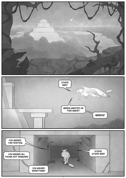 beach corridor distance entranced exploration feral forest island jungle landing male plant pouch_(clothing) regret ruins solo speech_bubble talking_to_self temple text tree vessel wings ziggurat rast mythology unnamed_character avian gryphon mythological_avian mythological_creature comic english_text hi_res monochrome