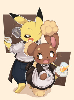anthro apron beverage biped black_nose brown_body brown_eyes clothed clothing coffee_cup container cup duo eyebrows eyelashes female fingers fur holding_beverage holding_coffee_cup holding_container holding_cup holding_object holding_plate male open_mouth paws plate pupils shirt standing tongue topwear white_clothing white_pupils white_shirt white_topwear yellow_body yellow_fur piyolondres nintendo pokemon buneary generation_1_pokemon generation_4_pokemon pikachu pokemon_(species) 2024 hi_res