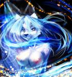 anthro biped blue_hair breasts canid canine canis digital_media_(artwork) digital_painting_(artwork) female front_view fur hair half-length_portrait looking_at_viewer magicscir mammal nipples nude portrait solo white_body white_fur wolf yellow_eyes