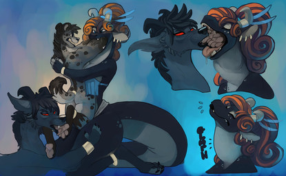 4_toes anklet anthro anthro_pred anthro_prey biped blue_eyes bodily_fluids bottomwear bracelet breasts butt cheek_tuft claws clothed clothing dipstick_tail dripping drooling ear_piercing ear_ring eyebrows facial_tuft fangs feet female female_licking_male female_pred fingers foot_fetish foot_lick foot_play forced freckles fur group hair horn inner_ear_fluff interspecies jewelry licking male male/female male/male male_prey markings multicolored_tail neck_bulge nude onomatopoeia open_mouth oral_vore orange_hair pawpads paws piercing plantigrade red_eyes ring_piercing saliva saliva_drip saliva_on_tongue saliva_string simple_background size_difference sound_effects swallowing tail tail_markings teeth text toe_claws toes tongue tongue_out topwear trio tuft vore sammy73 mythology sammi_(sammy73) canid canine canis dragon hyena mammal mythological_creature mythological_scalie scalie spotted_hyena wolf 2018 absurd_res colored digital_drawing_(artwork) digital_media_(artwork) english_text hi_res shaded