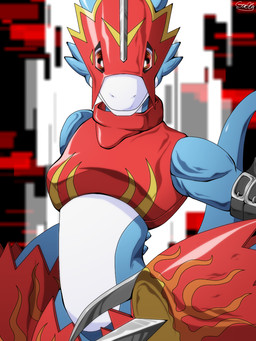 ambiguous_gender anthro blue_arms blue_body blue_scales blue_tail clothed clothing countershade_torso countershading iris looking_at_viewer multicolored_body pupils red_clothing red_eyes scales solo tail white_body white_countershading guoh_ga_gotoku bandai_namco digimon digimon_(species) flamedramon scalie 3:4 signature