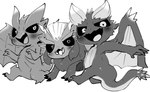 black_sclera blush chibi claws fangs feral fur group horn looking_at_viewer male scales simple_background smile spiked_tail spikes spikes_(anatomy) tail teeth trio tusks white_background wings doneru capcom monster_hunter elder_dragon kushala_daora nergigante teostra greyscale hi_res monochrome