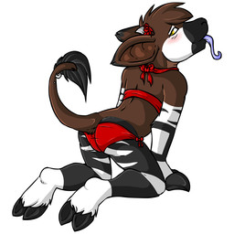 anthro back_groove blush camel_toe clothing female furgonomic_piercing furgonomics horn ossicone panties piercing raised_tail simple_background solo tail underwear young korth giraffid hybrid mammal okapi 1:1