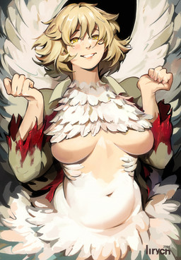 arms_bent belly blonde_hair blood blood_on_clothing blood_splatter blush bodily_fluids breasts clothing feathered_wings feathers featureless_breasts female fingernails grey_background hair light_body light_skin lips mostly_nude nails navel open_mouth pupils raised_hands short_hair simple_background slit_pupils solo standing straight_hair tan_clothing tan_topwear teeth topwear torn_clothing white_body white_feathers wings yellow_eyes iirych delicious_in_dungeon falin_touden avian avian_taur humanoid humanoid_taur taur 2024 digital_media_(artwork) digital_painting_(artwork) hi_res painting_(artwork) shaded signature