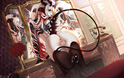 accessory alternative_fashion anthro anus black_body black_lips black_sclera butt cross desk ear_piercing electronics eyelashes fangs female flower fur fur_markings furgonomics furniture genitals goth hair horn horn_accessory inside light lips looking_at_viewer looking_back looking_back_at_viewer makeup markings mirror multicolored_body multicolored_fur multicolored_hair phone piercing pink_anus pink_vulva plant presenting presenting_hindquarters raised_tail rear_view red_eyes red_hair rose_(flower) running_makeup solo sunlight surgical_suture table tail teeth two_tone_hair vulva white_body white_fur white_hair coolpenya bovid caprine caprine_demon demon goat goat_demon mammal 2026 detailed digital_media_(artwork) hi_res watermark