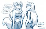 2019 alternate_species anthro anthrofied blue_and_white blush breasts canid canine canis chest_tuft cleavage clothed clothing conditional_dnp confusion dialogue duo english_text face_to_face female horn keidran lady_nora_(twokinds) mammal midriff monochrome navel raine_silverlock simple_background sketch text tom_fischbach tuft twokinds white_background wolf