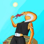 anthro bodily_fluids bottomwear breasts clothed clothing female food forked_tongue looking_at_viewer navel non-mammal_breasts open_mouth outside popsicle red_eyes saliva seductive skirt sleeveless_shirt small_breasts snake_hood solo sun tongue tongue_out tengridus x-com alien reptile scalie snake viper_(x-com) absurd_res hi_res