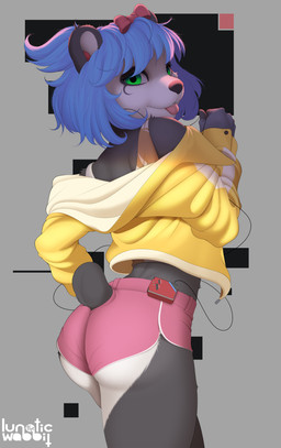 anthro blue_hair bottomwear butt cassette_player clothed clothing dolphin_shorts earbuds electronics female greyscale_background hair headphones jacket shorts solo topwear yellow_clothing yellow_jacket_(clothing) yellow_topwear lunaticthewabbit nuwa_nightstone bear giant_panda mammal absurd_res hi_res