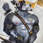 abs anthro arrow_(weapon) biceps black_nose bow_(weapon) clothing facial_hair fur hair male muscular muscular_anthro muscular_male nipples pecs quiver_(object) ranged_weapon solo tattoo weapon gamutfeathers blizzard_entertainment overwatch hanzo_(overwatch) canid canine canis mammal wolf 1:1