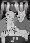 absurd_res alcohol beastars bengal_tiger beverage bill_(beastars) bread burrserk canid canine canis clothing duo_focus felid food group hi_res inside legoshi_(beastars) male mammal monochrome pantherine party tiger toast tongue tongue_out wolf