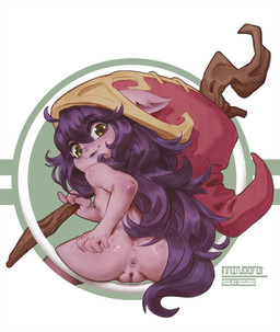 anus bangs blush breasts butt clothing female freckled_butt freckled_face freckles genitals glistening glistening_body green_eyes hair hand_on_butt hat hat_only headgear headgear_only headwear headwear_only holding_object holding_staff leaning leaning_forward looking_back mostly_nude nipples not_furry plump_labia presenting presenting_anus purple_body purple_hair purple_skin rear_view red_clothing red_hat red_headwear simple_background sitting smile smiling_at_viewer solo staff vulva white_background witch_hat young mindofor league_of_legends riot_games tencent lulu_(lol) yordle hi_res
