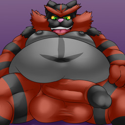 anthro balls belly big_balls big_belly big_penis black_nipples erection genitals green_eyes looking_down male moobs nipples overweight overweight_male penis sitting solo yellow_sclera camp14 nintendo pokemon generation_7_pokemon incineroar pokemon_(species) 1:1 hi_res