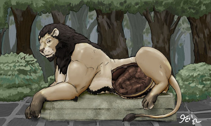 belly big_belly body_outline brown_body brown_fur brown_mane detailed_background feral feral_pred forest forest_background frown fur inside_stomach internal long_tail looking_at_viewer lying male mane nature nature_background nude nude_feral on_front organs pedestal plant shrub side solo stomach tail tail_tuft tan_body tan_fur text tree tuft vore white_text yellow_eyes jeri_kleinlowe felid lion mammal pantherine 2022 5:3 colored dated signature