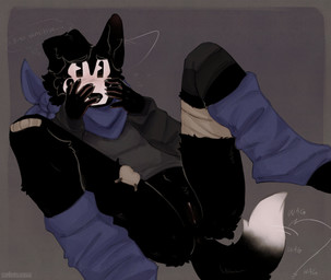 andromorph anthro anus band-aid band-aid_on_knee band-aid_on_leg bandage bandaged_leg black_body black_fur blush bodily_fluids bottomless claws clothed clothing covering covering_face dipstick_tail ear_flick embarrassed floppy_ears footwear fur gauze gender_transformation genitals intersex kerchief knee_pads leg_warmers legwear male markings mole_(marking) mta_transformation mti_transformation navel neckerchief neckwear one_ear_up pie_cut_eyes shirt shy socks solo spread_legs spreading sweat tail tail_markings tail_motion tailwag text thought_bubble toeless_footwear toeless_socks topwear transformation vulva wide_eyed cerberussenn lucky_sweeto_(cerberussenn) canid canine canis mammal wolf absurd_res english_text hi_res signature story story_in_description