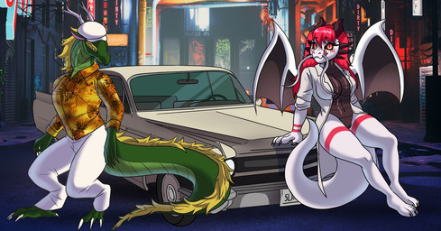 1970s_clothing anthro breasts car detailed_background duo female hair male male/female motor_vehicle vehicle vintage_car emmacatti cadillac general_motors mythology captain_ryusugi layla_(hermosa_dragoness) dragon eastern_dragon mythological_creature mythological_scalie reptile scalie hi_res