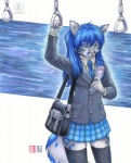 anthro blue_hair bottomwear breasts clothing female green_eyes hair legwear leopard_spots necktie pink_nose plaid school_uniform skirt solo spots tail thigh_highs uniform kacey kacey_(kacey) felid feline hybrid leopard mammal pantherine serval snow_serval 2012 traditional_media_(artwork)