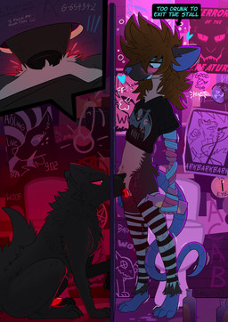 accidental_bestiality anthro bathroom bestiality beverage black_body black_fur blue_body blue_eyes blue_skin blue_tail blush blush_lines bottle brown_hair clothing container cunnilingus drunk erection female female_on_feral female_pov feral first_person_view fur genitals glory_hole glowing glowing_genitalia glowing_penis glowing_tongue glowstick grey_body grey_fur hair hand_on_belly hiccuping holding_bottle holding_container holding_object leggings legwear licking male male_feral oral penis poster prosthetic prosthetic_arm prosthetic_limb public_restroom red_eyes restroom_stall sex solo substance_intoxication tail toilet tongue vaginal pankallisti carthan_night circe_(pankallisti) canid canine canis mammal murid murine rat rodent wolf comic hi_res