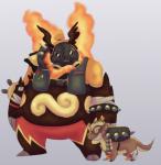 ambiguous_gender anthro brown_body brown_fur duo fire flaming_hair flaming_mane fur gas_mask mask orange_body orange_eyes orange_fur pseudo_hair pseudo_mane simple_background white_background itoruna blizzard_entertainment nintendo overwatch pokemon junkrat_(overwatch) roadhog_(overwatch) emboar generation_5_pokemon generation_7_pokemon mammal mustelid pokemon_(species) suina yungoos 2017 hi_res