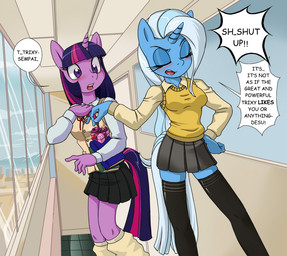 anthro anthrofied arrogant blue_body blue_fur blush book bottomwear clothed clothing duo female fur gift hair hallway hand_on_hip horn inside legwear multicolored_hair purple_body purple_eyes purple_fur purple_hair school school_uniform skirt stockings text thigh_highs tsundere two_tone_hair uniform window kandlin friendship_is_magic hasbro my_little_pony mythology trixie_(mlp) twilight_sparkle_(mlp) equid equine mammal mythological_creature mythological_equine unicorn 2013 english_text