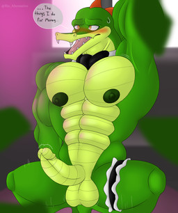 abs anthro balls barazoku biceps blush bodily_fluids bow_tie dancing erection genitals green_body green_scales hand_behind_head humanoid_genitalia humanoid_penis male muscular muscular_anthro muscular_male nipples non-mammal_balls non-mammal_nipples nude open_mouth pecs penis pole pole_dancing purple_lighting scales solo stripper stripper_pole sweat sweatdrop teeth text tongue klr-rio sega sonic_the_hedgehog_(series) vector_the_crocodile crocodile crocodilian mammal reptile scalie digital_media_(artwork) hi_res