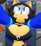 anthro big_breasts black_hair blue_eyes breasts cleavage_cutout clothed clothing crop_top cutout female fixing grease hair huge_breasts jacket looking_at_viewer lying maintenance midriff on_back open_clothing open_jacket open_topwear shirt short_hair solo topwear slickehedge sega sonic_the_hedgehog_(series) fan_character makia eulipotyphlan hedgehog mammal hi_res