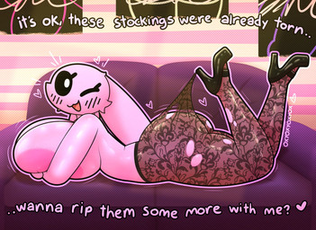 anthro areola big_breasts big_butt black_sclera breasts butt clothing female footwear furniture heart_symbol high_heels holding_breast huge_breasts legwear long_ears looking_at_viewer lying lying_on_sofa motion_lines on_front on_sofa one_eye_closed outline pink_areola pink_body pink_outline pupils question_mark ripping ripping_clothing ripping_pantyhose shoes side_view sofa solo stockings striped_wall talking_to_viewer text thick_thighs torn_clothing torn_legwear torn_stockings white_pupils wink winking_at_viewer oxyoxyoxyox hooked_on_heel_(trend) marshmallow_(oxyoxyoxyox) lagomorph mammal 2025 artist_name digital_drawing_(artwork) digital_media_(artwork) english_text hi_res signature