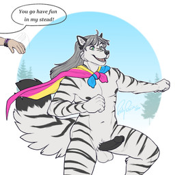 ahoge anthro anthro_focus balls black_ears black_nipples black_nose black_penis black_stripes black_tail_tip bracelet dialogue dipstick_tail duo erection flag flag_(object) fur genitals green_eyes grey_hair hair humanoid_genitalia humanoid_hands humanoid_penis inner_ear_fluff jewelry lgbt_pride light_body light_skin long_hair male markings navel nipples offscreen_human open_mouth outdoor_nudity pansexual_pride_colors penis pride_color_flag pride_colors smile solo_focus speech_bubble striped_body striped_fur stripes tail tail_markings text tuft white_body white_fur white_inner_ear_fluff redpixie lgbt_pride_month zal_(zwerewolf) human mammal 1:1 2026 absurd_res digital_drawing_(artwork) digital_media_(artwork) english_description english_text hi_res