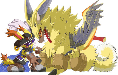 anthro boots cape clothing duo footwear fur gloves handwear hat headgear headwear male mask melee_weapon orange_eyes sharp_teeth shoes size_difference sword teeth tongue tongue_out weapon winged_arms wings yellow_body yellow_fur portugueselynx bandai_namco digimon digimon_(species) felid feline lamortmon mammal nyabootmon hi_res