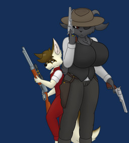 anthro back_to_back big_breasts black_body black_fur black_nose breasts brown_body brown_fur brown_hair cheek_tuft clothed clothed_anthro clothed_female clothed_male clothing countershade_tail countershading cowboy_hat digit_ring duo eye_patch eyelashes eyewear facial_markings facial_tuft female fluffy fluffy_tail fur gun hair handgun hat head_markings headgear headwear holding_object holding_weapon holster horn husband_and_wife inner_ear_fluff jewelry larger_female male male/female markings married_couple mask_(marking) mouth_closed neck_tuft pink_inner_ear pistol ranged_weapon red_eyes revolver rifle ring simple_background size_difference smaller_male sniper_rifle tail tan_body tan_fur transparent_background tuft two_tone_tail weapon wedding_ring yellow_eyes zibdan bathory_black_(therealnarrowjungle) erkin_(zibdan) bovid canid canine caprine fennec_fox fox goat mammal true_fox absurd_res alpha_channel hi_res